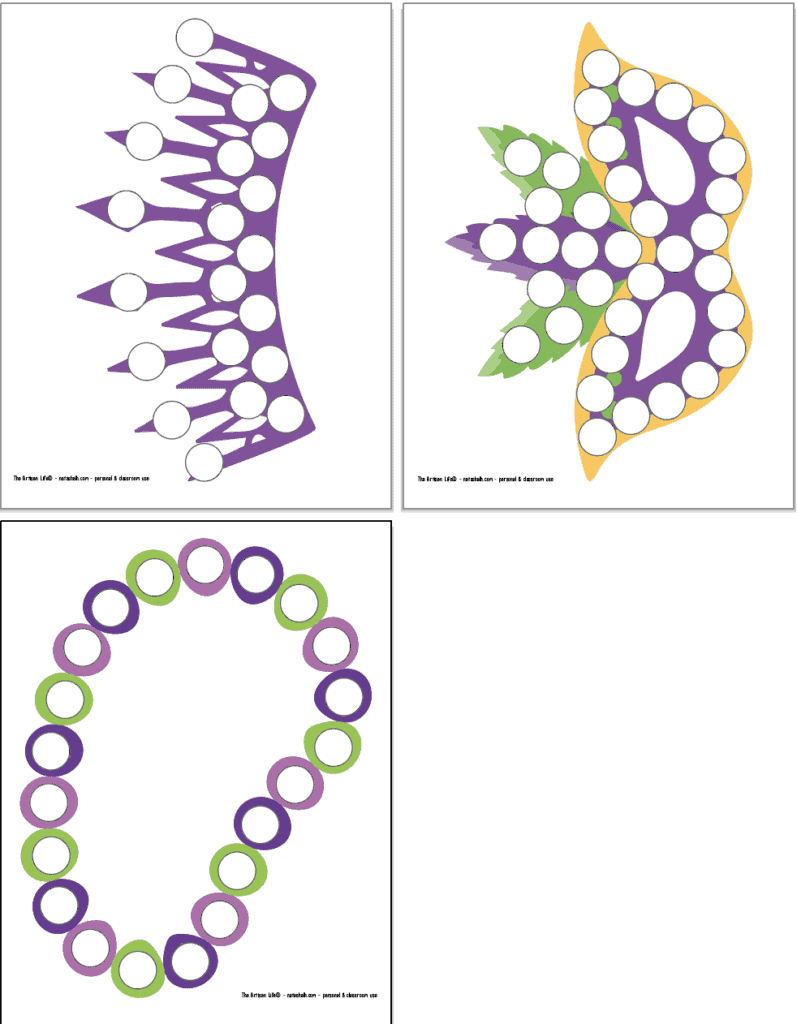 A preview of three dab it marker printables for Mardi Gras: a purple crown, a mask with feathers, and a string of beads. 