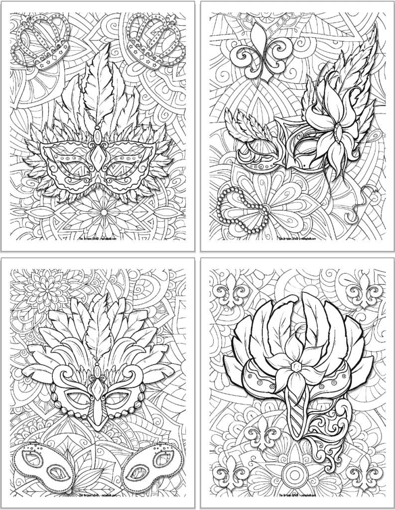 Four Mardi Gras mask colorings pages. Each page has one or more masks and a detailed floral background to color.