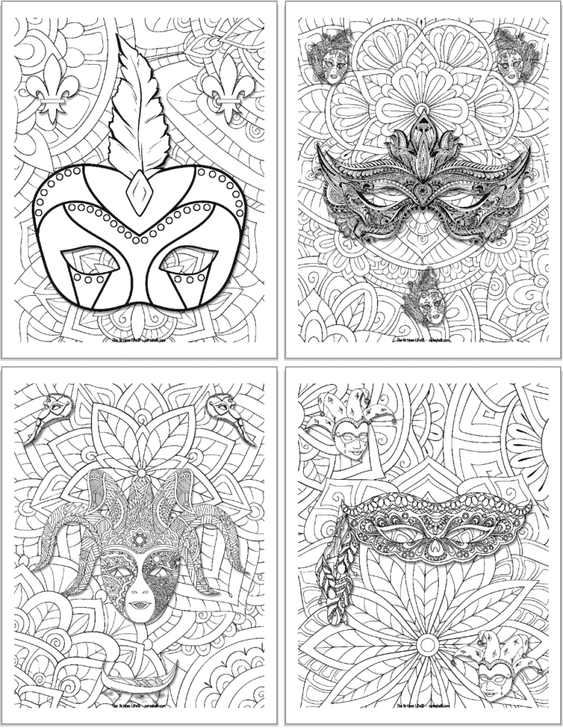 Four Mardi Gras mask colorings pages. Each page has one or more masks and a detailed floral background to color.The first page also has two flour de lies, the second page has three small full face masks, and theist page has two jesters masks.