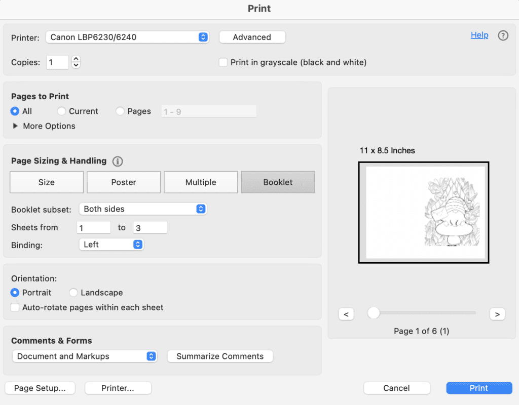 A print preview box showing using the "booklet" feature in Acrobat Reader to print a gnome Valentine card.