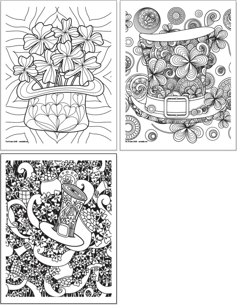 A preview of three printable St. Patrick's Day coloring pages. Each page has a topcoat and detailed shamrocks to color.