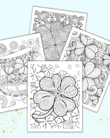 Four detailed, zen-style shamrock coloring pages for adults on a light blue background