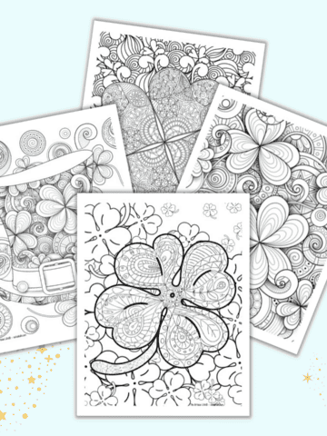 Four detailed, zen-style shamrock coloring pages for adults on a light blue background