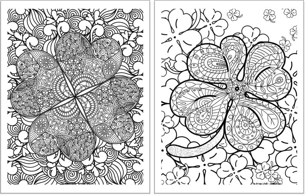 Two printable shamrock coloring pages with detailed, zen style drawings to color.