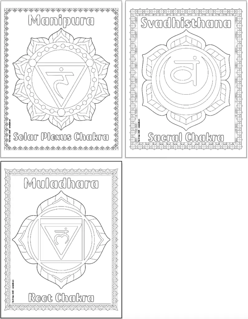 Three chakra coloring pages: solar plexus chakra, sacral chakra, and root chakra