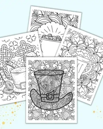 A preview of four printable st. pat's coloring pages for adults including a hats, beer, cold coins, shamrocks, and other St. Patrick's Day imagery.