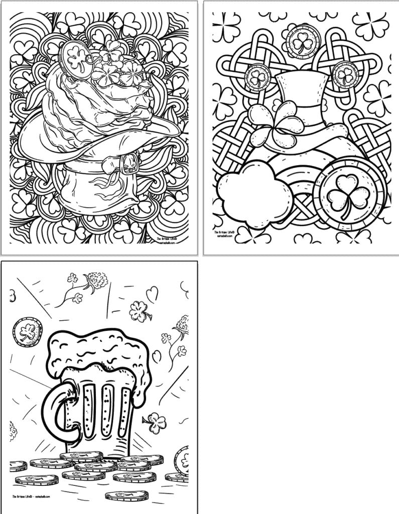 A preview of three printable St. Patrick's Day coloring pages for adults. Each page has detailed designs to color including:  hat with a pot of gold, Celtic knots behind a rainbow with a hat, and a beer with coins.