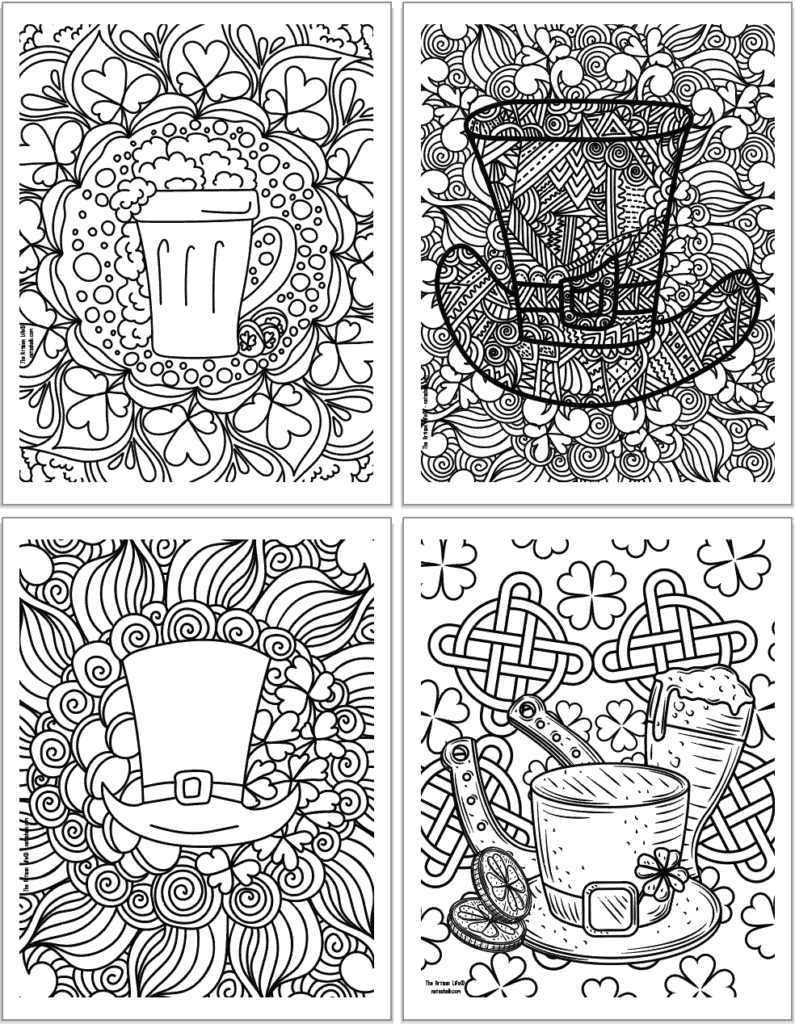 A preview of four printable St. Patrick's Day coloring pages for adults. Each page has detailed designs to color including: a beer, a hat, a hat in front of a mandala, and a beer with a lucky horseshoe, shamrocks, and Celtic knots