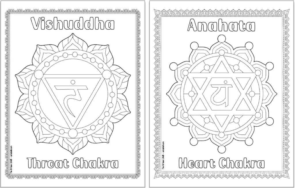 A preview of two chakra coloring pages. One has the throat chakra mandala and the other has the heart chakra mandala