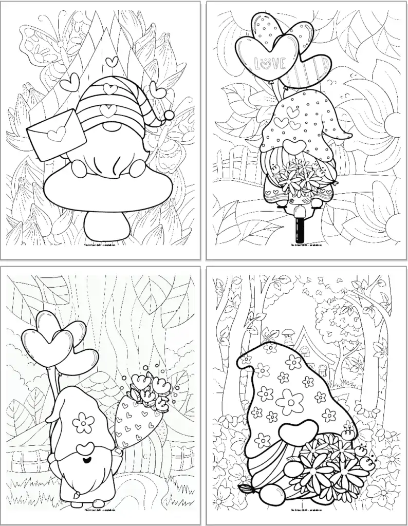 A preview of four gnome themed Valentine's Day coloring pages in a 2x2 grid