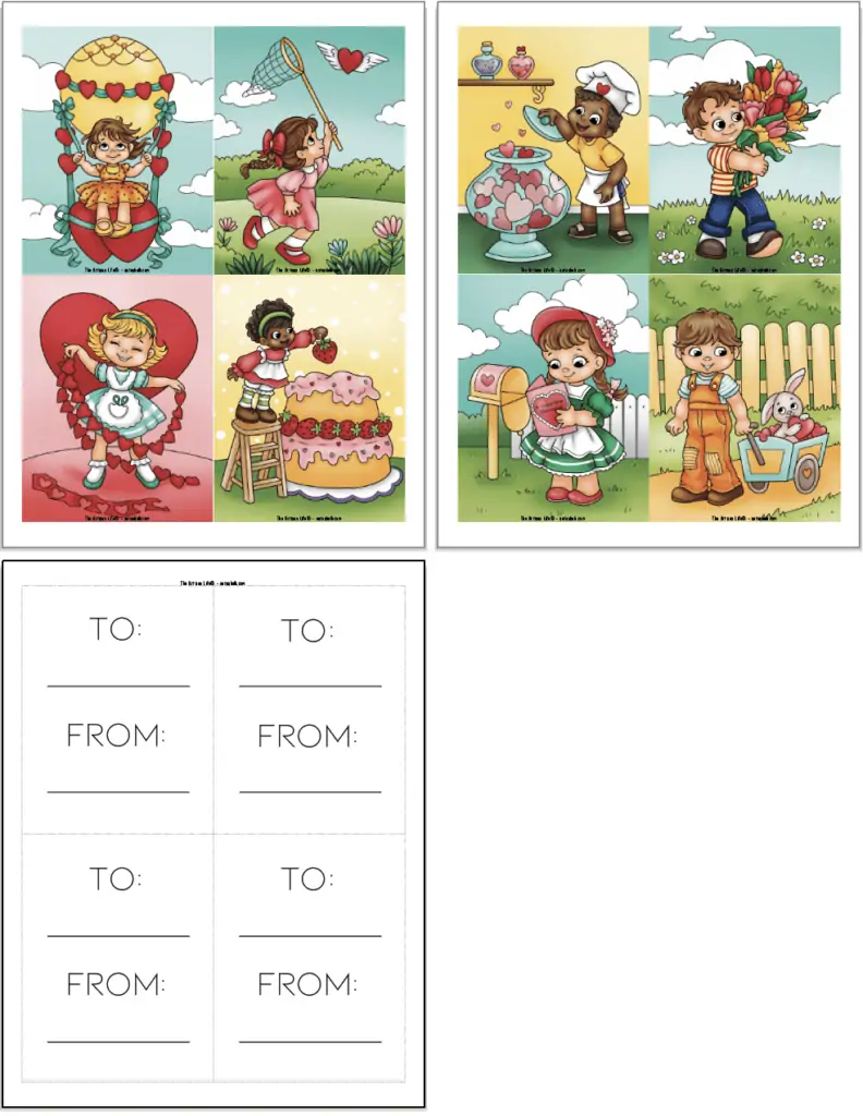Three pages of Valentine printable. Two have four postcard sized Valentine's Day cards for children and the last page has backs to print with "to" and "from"