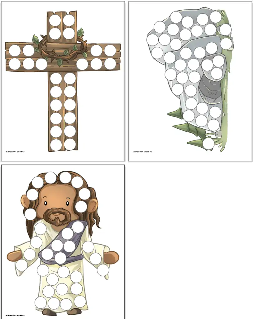 A preview of three Christian Easter story dot marker pages. Images include: A cross with crown of thorns, the open tomb, and Jesus with arms out.