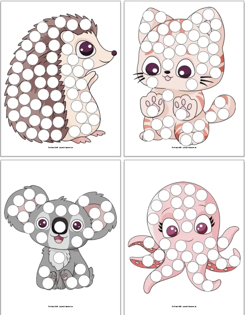Colorful dot marker coloring pages with: a hamster, a kitten, a koala, and an octopus