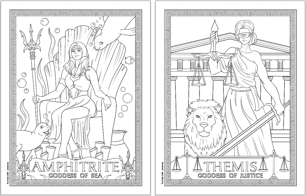 Two Greek goddess coloring pages. Each page has a Greek key border and the goddess's name. Pages show: Amphitrite and Themis