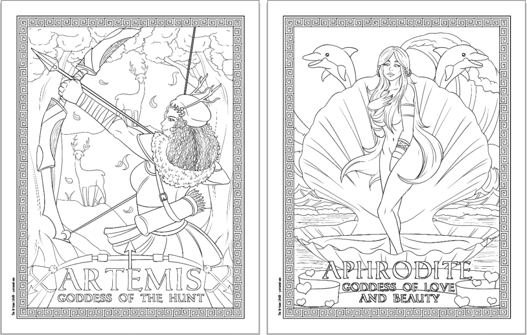 Two Greek goddess coloring pages. Each page has a Greek key border and the goddess's name. Pages show: Artemis and Aphrodite
