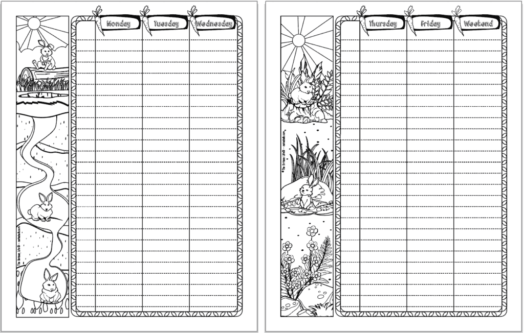 A preview of two printable daily log bujo style planner pages. Each page has 24 lines for each day of the week to plan your daily schedule. 