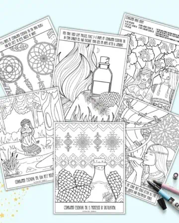 A preview of six printable cednarwood oil essential oil coloring pages with information about how to use the oils.