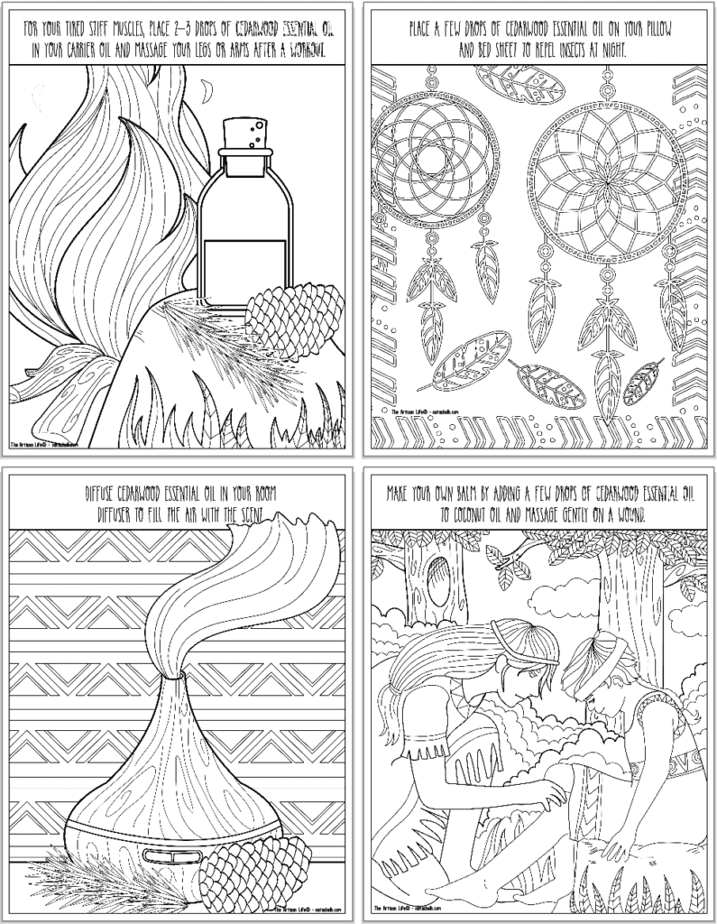 A preview of four cedarwood essential oil coloring pages. Each page has information about how to use cedarwood essential oil.