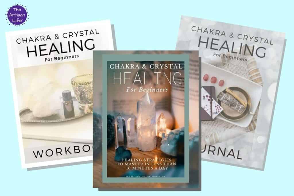 A preview of three book covers - Chakra and Crystal Healing For Beginners and an accompanying workbook and planner/journal