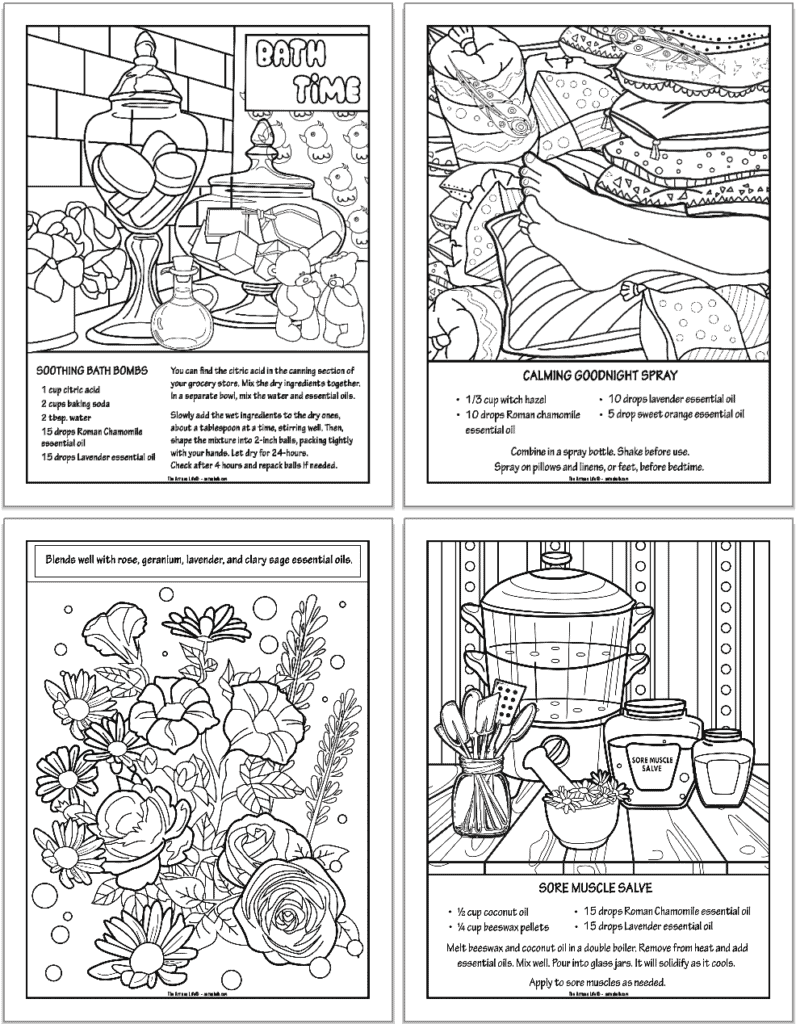 A preview of four printable Roman chamomile coloring pages. Three pages have a recipe to try and one page has tips for combining chamomile essential oil with other oils.