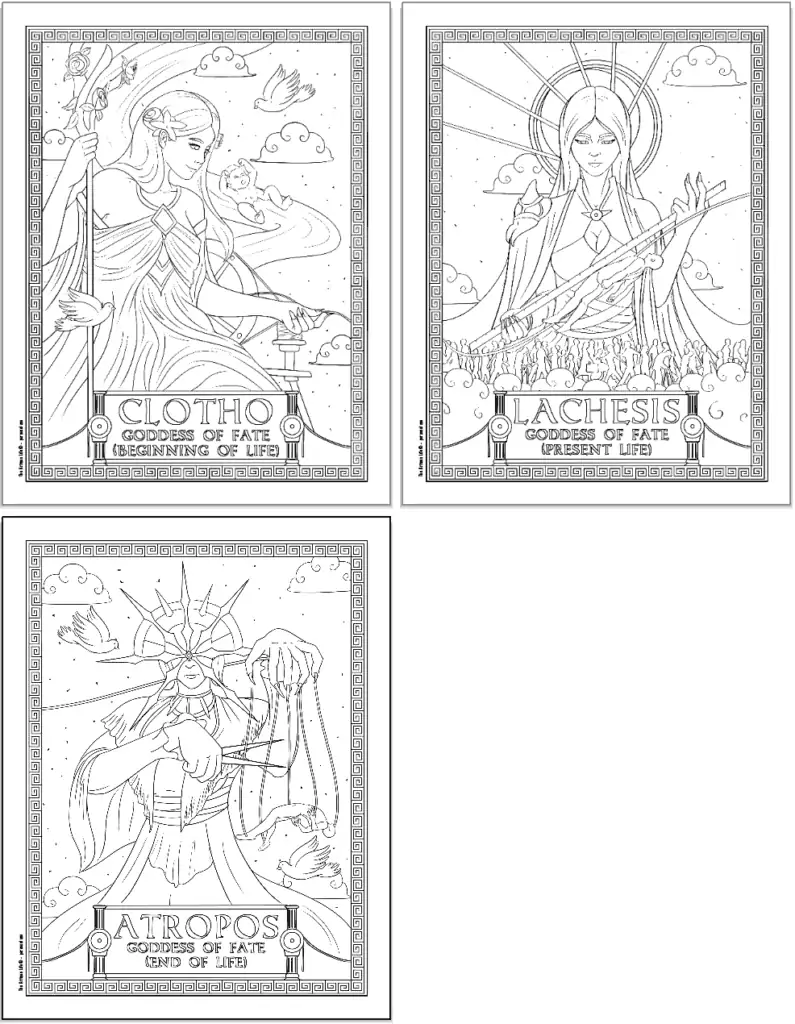 Three Greek goddess coloring pages. Each page has a Greek key border and the goddess's name. Pages show: Clotho, Lachesis, and Atropos