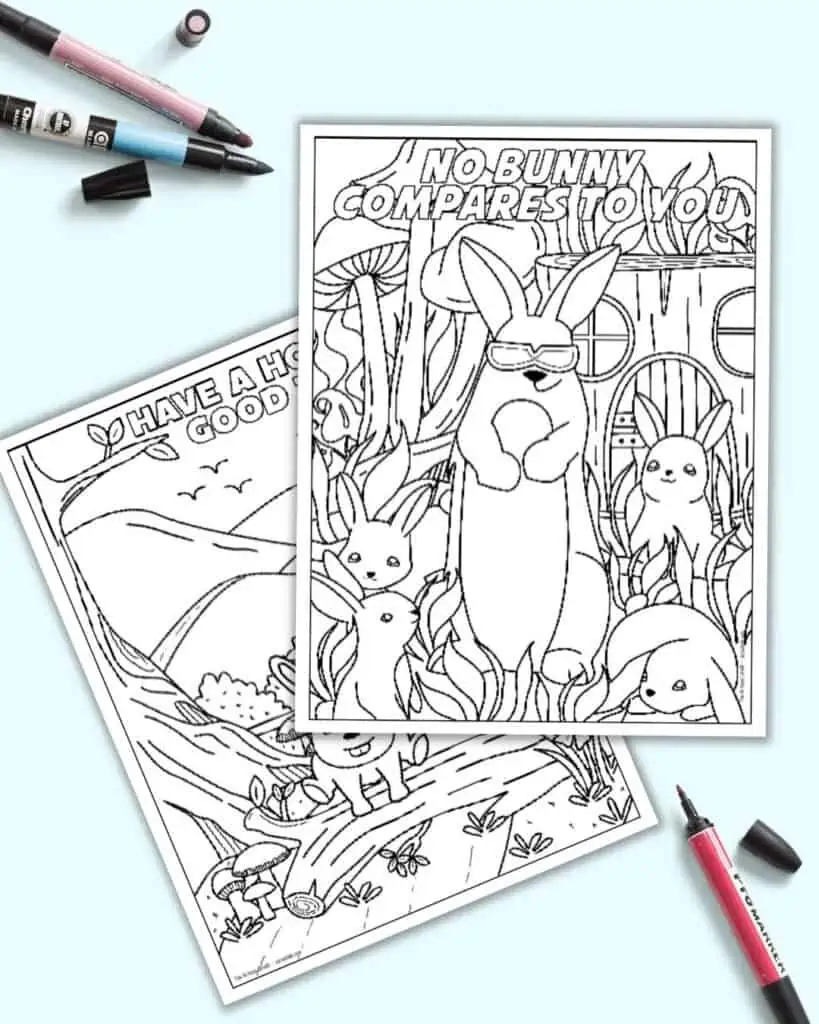 A preview of two bunny pun coloring pages. The page on top has the pun "no bunny compares to you" and the page behind has "have a hopping good time"