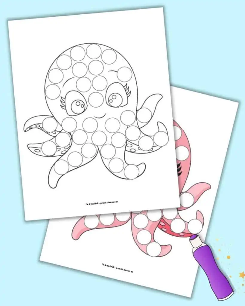 A black and white octopus dot marker coloring pages on top of a colorful octopus dot marker page