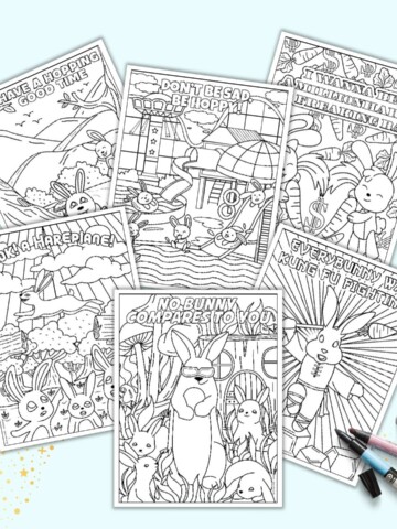 A preview of six punny bunny coloring pages. Each page has bunnies and a silly bunny pun like "no bunny compares to you"