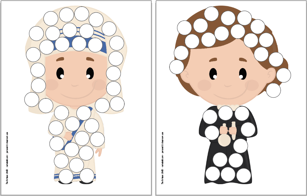 A preview of two printable dot marker coloring pages for women's history month. Women include: Mother Theresa and Marie Curie