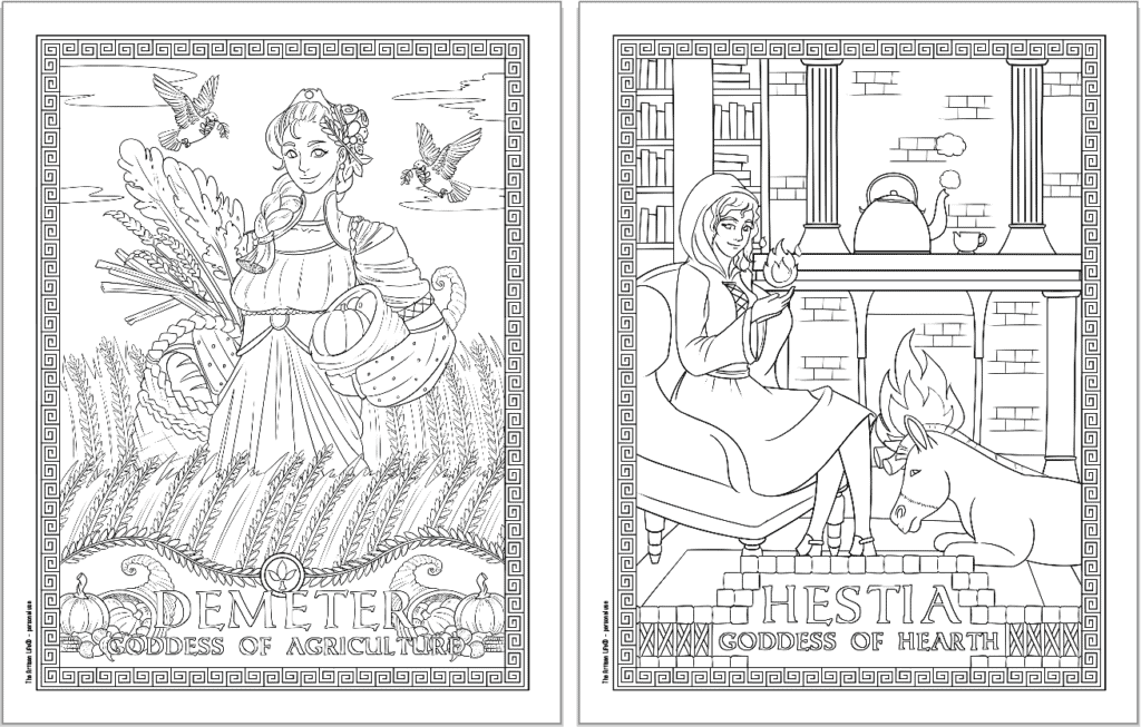 Two Greek goddess coloring pages. Each page has a Greek key border and the goddess's name. Pages show: Demeter and Hestia