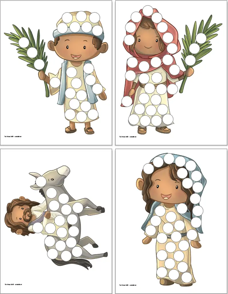 A preview of four Christian religious Easter dot marker pages including: a boy on Palm Sunday, a girl on Palm Sunday, Jesus riding on a donkey, and Mary