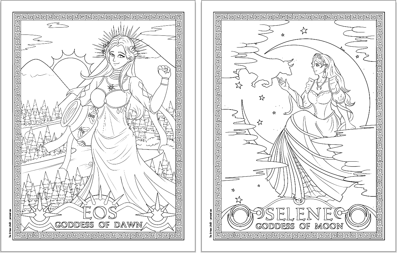 Two Greek goddess coloring pages. Each page has a Greek key border and the goddess's name. Pages show: Eos and Selene