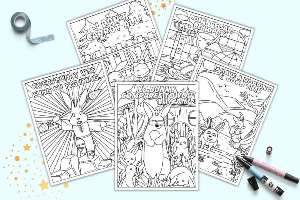 A preview of five punny bunny coloring pages. Each page has bunnies and a silly bunny pun like "no bunny compares to you"