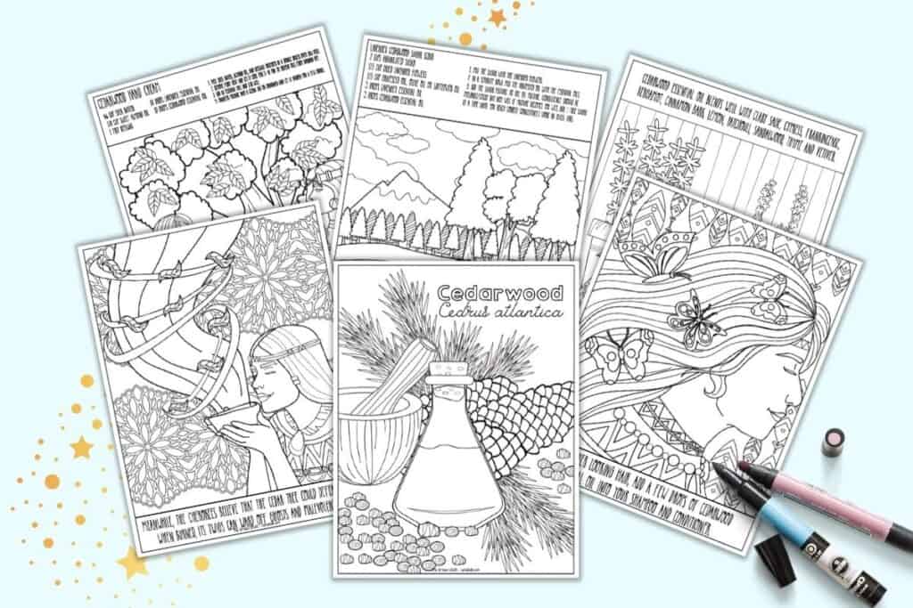A preview of six pages of cendardwood essential oil themed coloring pages. Each page has information about ways to use cedarwood essential oil.