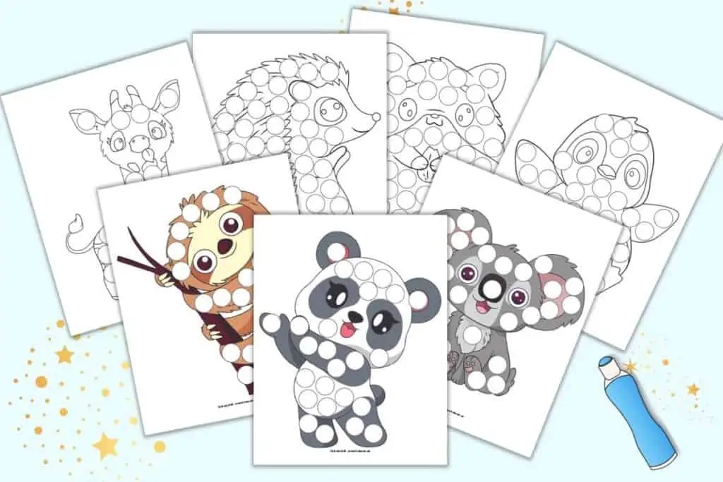 A preview of seven dot marker coloring pages with cute animals. Three are in color: a sloth, panda, and koala. Four are black and white: giraffe, hedgehog, hamster, and penguin