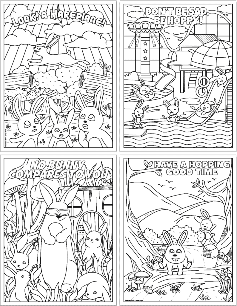 A preview of four bunny pun coloring pages including: "look! A hare plane!" "Don't be sad, be hoppy" "No bunny compares to you" and "have a hopping good time"