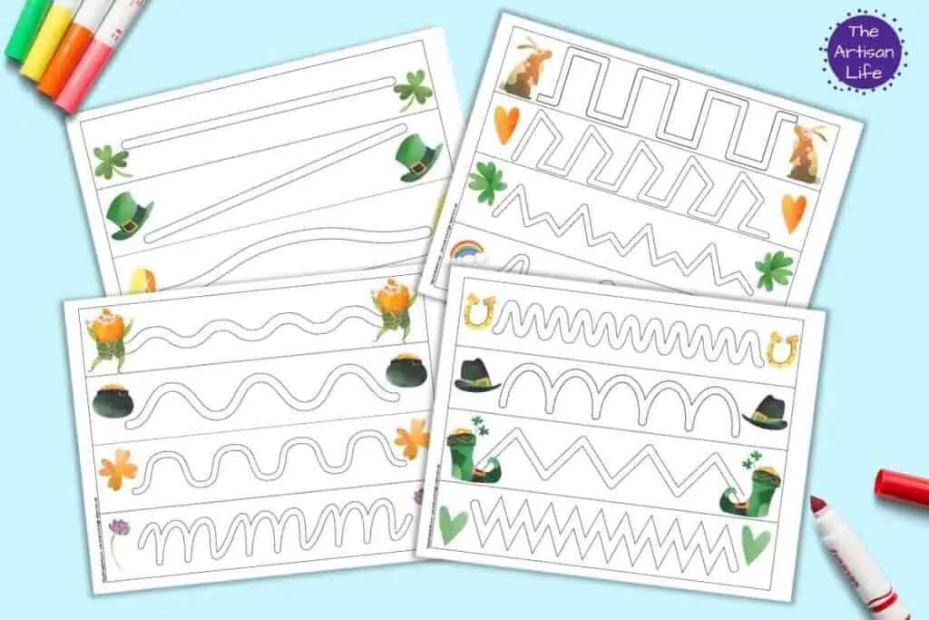 A preview of four preschool prewriting practice pageS with four broad paths on each page to trace and St. Patrick's Day clipart.