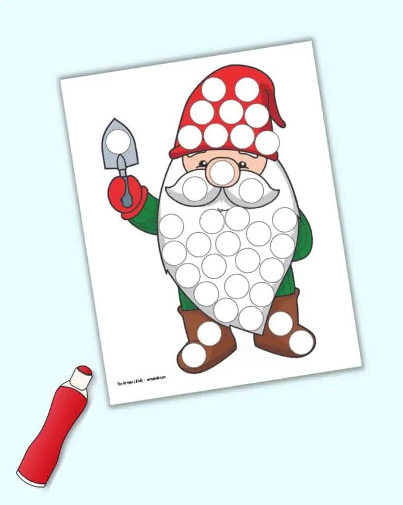 A garden gnome dot marker coloring page featuring a gnome in a red hat holding a garden trowel 