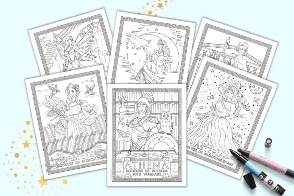 A preview of six Greek goddess coloring pages. Each page has a Greek key border and the goddess's name.
