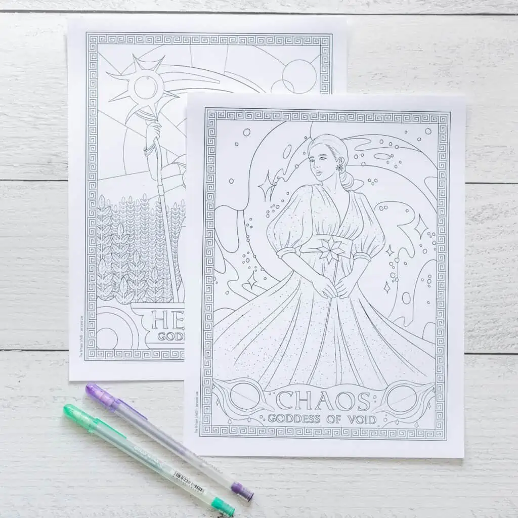 Two coloring pages with a purple and a green gel pen. The pages depict the goddess Chaos and the goddess Hemera