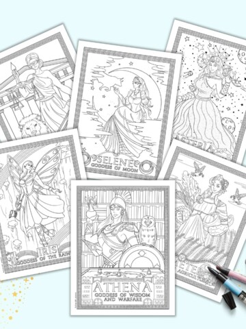 Six Greek goddess coloring pages. Each sheet depicts a Greek goddess and has her name in bubble letters to color.