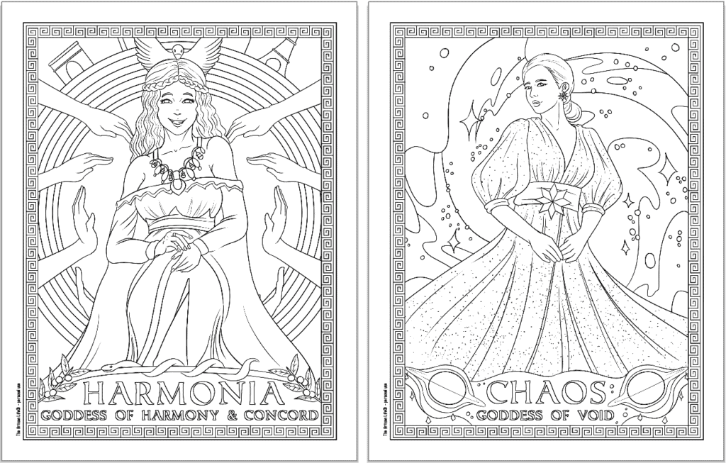 Two Greek goddess coloring pages. Each page has a Greek key border and the goddess's name. Pages show: Harmonia and Chaos