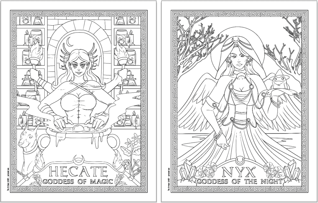 Two Greek goddess coloring pages. Each page has a Greek key border and the goddess's name. Pages show: Hecate and Nye