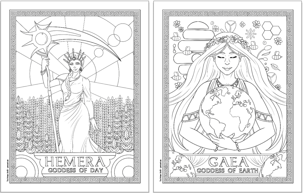 Two Greek goddess coloring pages. Each page has a Greek key border and the goddess's name. Pages show: Hemera and Gaea