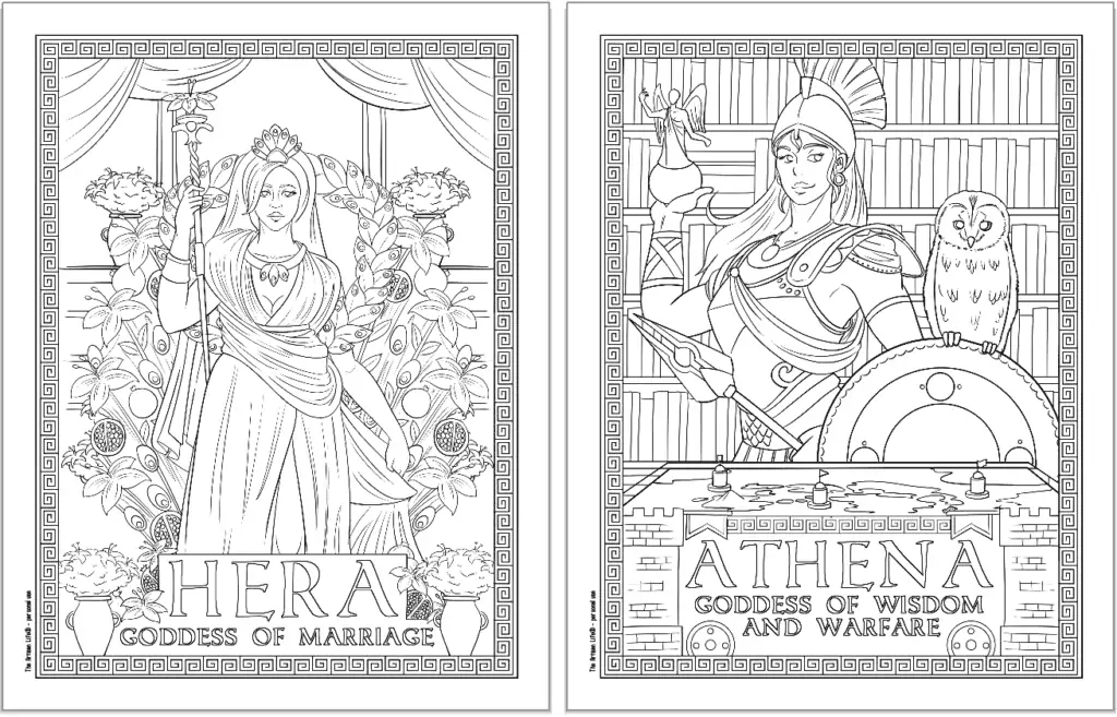 Two Greek goddess coloring pages. Each page has a Greek key border and the goddess's name. Pages show: Hera and Athena