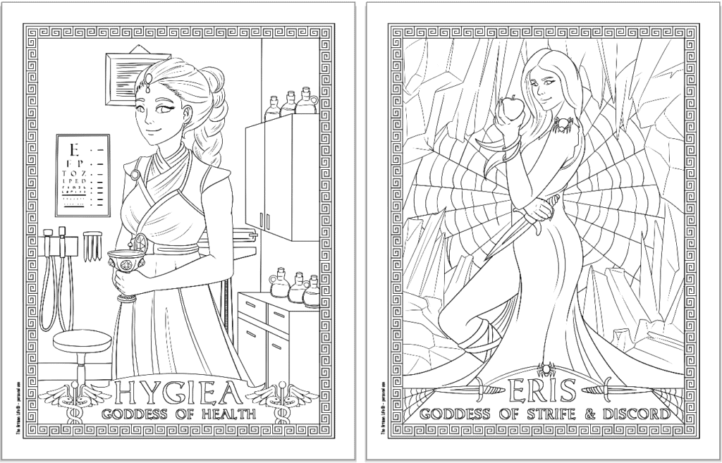 Two Greek goddess coloring pages. Each page has a Greek key border and the goddess's name. Pages show: Hygiea and Eris
