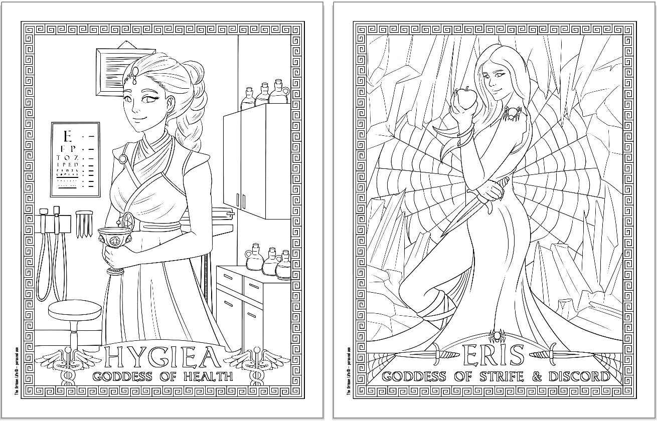 Two Greek goddess coloring pages. Each page has a Greek key border and the goddess's name. Pages show: Hygiea and Eris