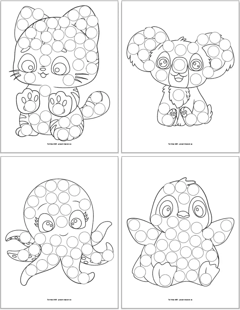 Black and white dot marker coloring pages with: a kitten, a koala, an octopus, and a penguin 