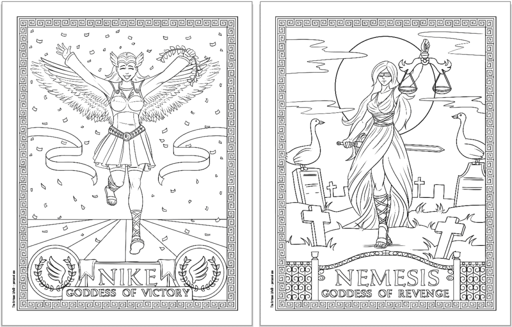 Two Greek goddess coloring pages. Each page has a Greek key border and the goddess's name. Pages show: Nike and Nemesis