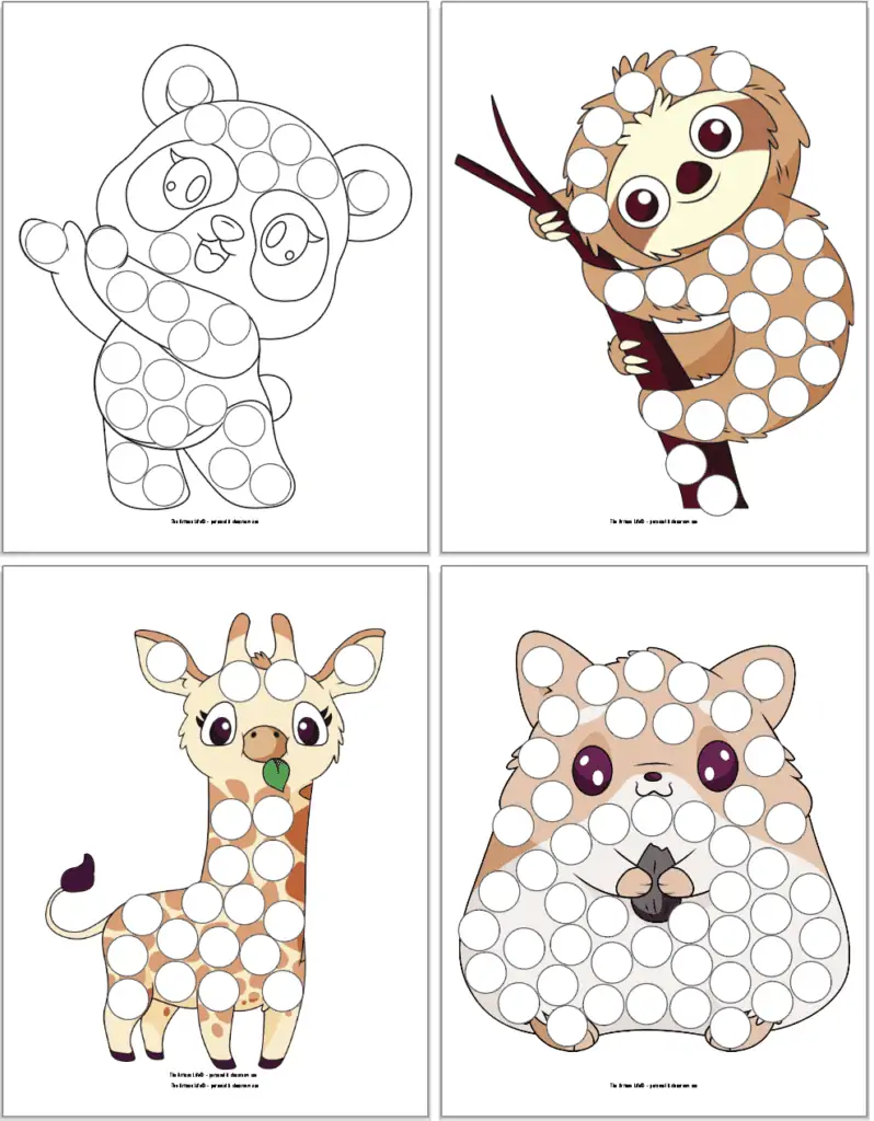 Black and white panda dot marker page with sloth, giraffe, and hamster pages in color